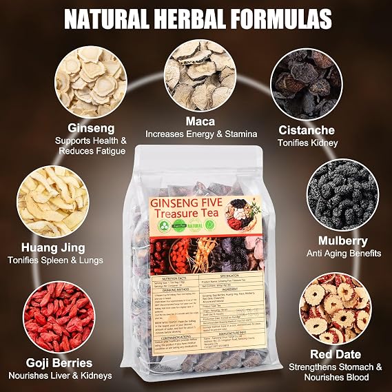 Ginseng Five Treasures Tea -  Energy & Wellness Herbal Tea for Men, Natural Caffeine-Free Korean Ginseng Tea with Goji Berry, Red Dates, Yam, Maca, Traditional Chinese Formula