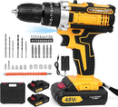Cordless Drill 48V, 3/8 Inch Power Drill Set with Lithium-Ion Battery and Charger, Variable 2-Speed, Built-in LED, 25 Torque Settings, 24-Piece Accessory Set