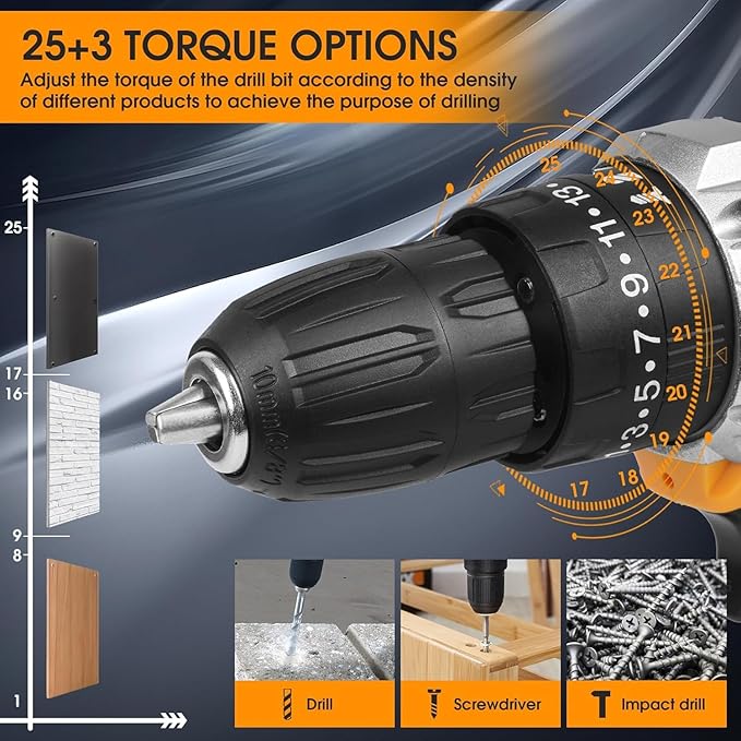 Cordless Drill 48V, 3/8 Inch Power Drill Set with Lithium-Ion Battery and Charger, Variable 2-Speed, Built-in LED, 25 Torque Settings, 24-Piece Accessory Set